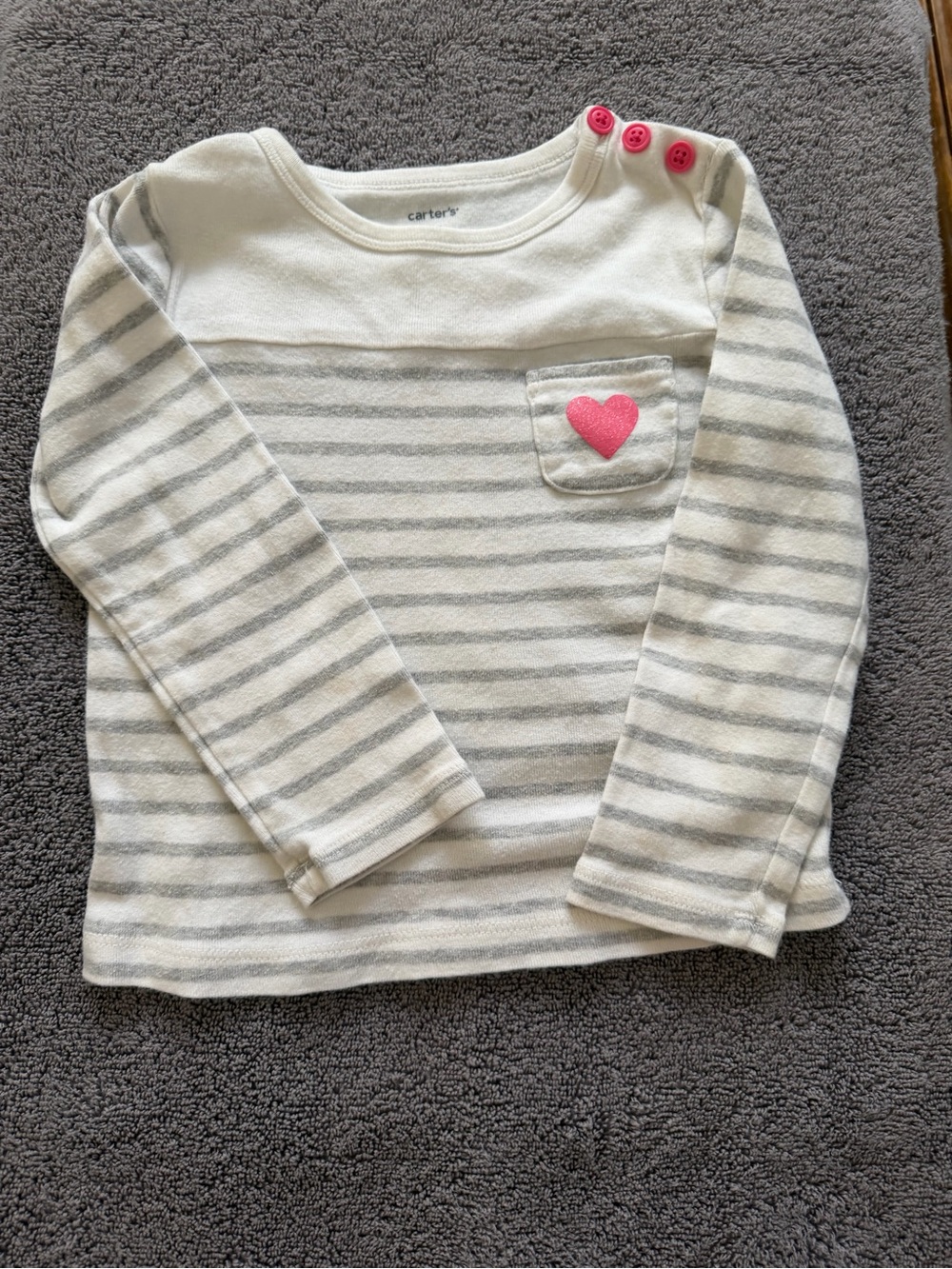 Carter's Cream & Gray Striped Long-Sleeve Top with Pink Heart Accent